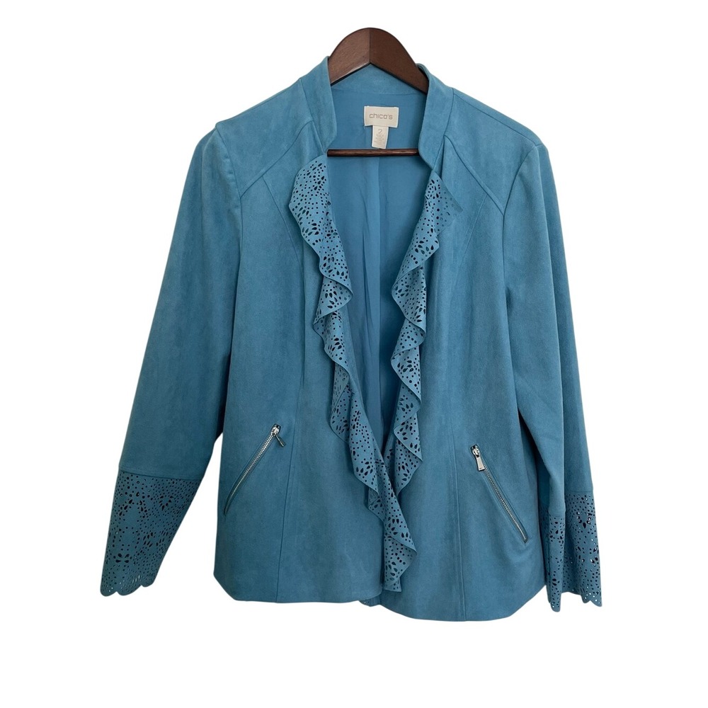 Chico's Size 2 L Turquoise Teal Faux Suede Laser Cut Ruffle Jacket Southwestern